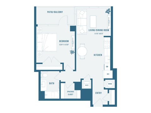 Floor plan for 1 bed, 1 bath, 700 sqft